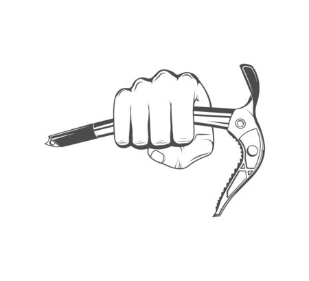 Vector concept. Rock climbing in summer and winter. Hand holds ice ax. Sport, activity, open air, lifestyle. Symbol emblem, element, print.のイラスト素材