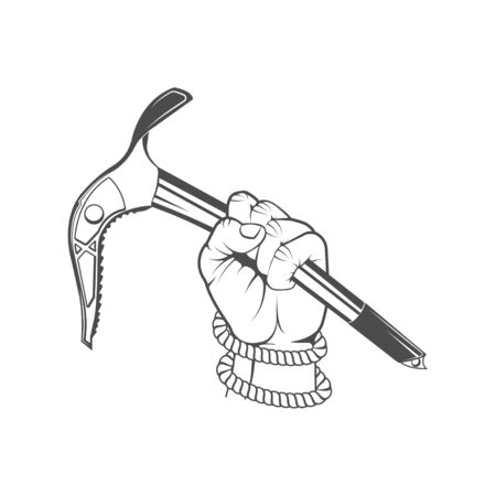 Vector concept. Rock climbing in summer and winter. Hand holds ice ax. Sport, activity, open air, lifestyle. Symbol emblem, element, print.のイラスト素材