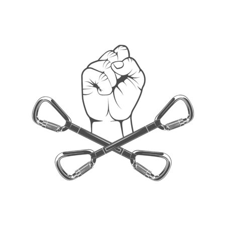 Vector graphic concept.Climbing equipment. Hand with carbines. Symbol of rock climbing. active lifestyle. Symbol emblem, element, print.のイラスト素材