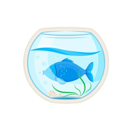 Vector graphic illustration. Sticker. Glass aquarium with a blue fish. Cartoon character for printing goods for pet store, signboard, pet food, advertising concept. Badge, symbol, emblem, labelのイラスト素材
