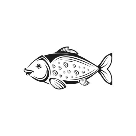 Vector graphic illustration. Black white tropical sea fish. Concept for fish store, restaurant menu. Symbol, sign, emblem, label. Isolated elements on white background.のイラスト素材