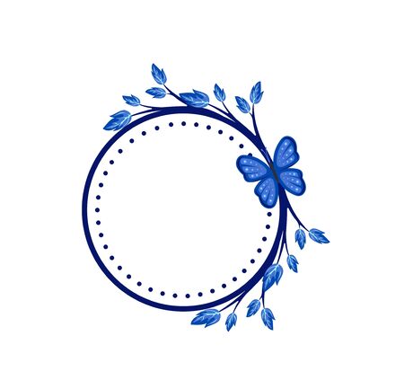 Vector concept blue photo frame with butterfly. Blank template to decorate the image and photo. Modern elegant graphic design.. Label, tag, stamp.のイラスト素材