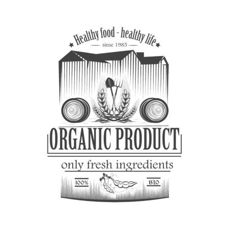 Vector organic food. Farm Organic Products The concept of a sign of quality healthy food. Natural eco nutrition. Farm products shop.のイラスト素材