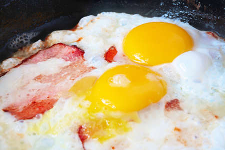 Bacon and eggs in a frying panの写真素材
