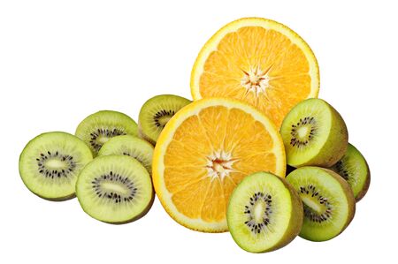 Orange and kiwi slices isolated on white の写真素材