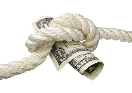 One dollar and a knot of the rope isolated on white の写真素材