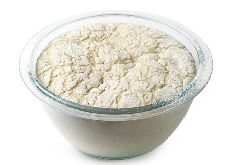 Yeast dough in a glass bowl on whiteの写真素材
