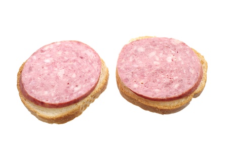 Two sandwiches with sausage isolated on whiteの写真素材