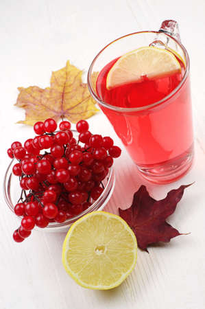 Cup of tea with viburnum berries and lemon on white wooden tableの写真素材
