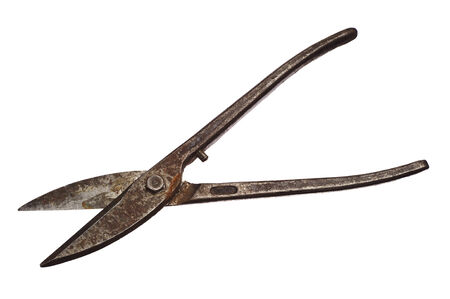 Old metal scissors isolated on white backgroundの写真素材