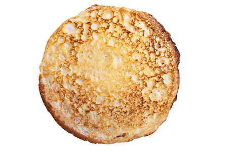 One fried pancake isolated on white background, top viewの写真素材