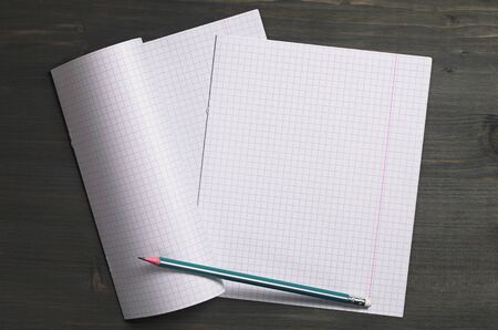 Empty sheets from a school notebook and pencil on dark wooden desk, top view. Space for textの写真素材