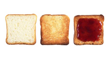 Set of three slices of small toast bread. White, roasted and with jam isolated on white background,...