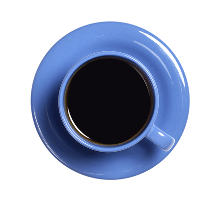Black coffee in blue cup isolated on white background, top viewの写真素材