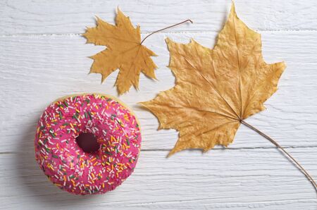 Pink donut and autumn leaves on white wooden background, top viewの写真素材