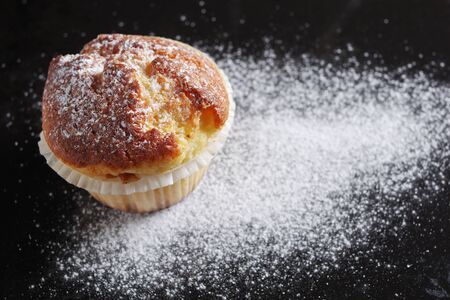 One vanilla muffin on black background. Copy spaceの写真素材