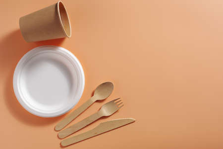 Disposable eco-friendly dishes on beige background top view with space for textの写真素材