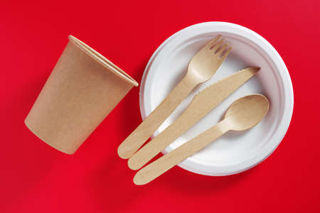 Disposable eco-friendly dishes on red background, top view
