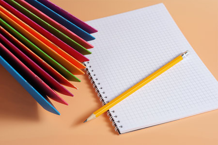 School notebooks and pencil on beige background