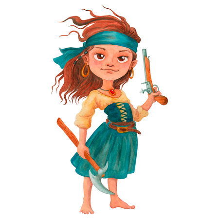 Barefoot pirate girl. Isolated watercolor illustration. Clipartの写真素材