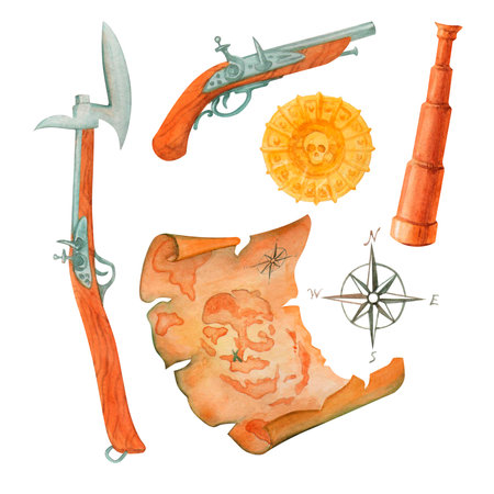 Pirate set. Axe, pistol, spyglass, treasure map, pirate coin. Isolated watercolor illustration.の写真素材