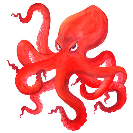 Red angry cartoon octopus. Isolated watercolor illustration. Clipartの写真素材