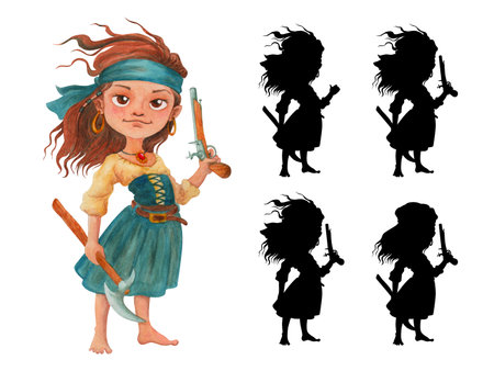 Barefoot pirate girl. Find the shadow game. Isolated watercolor illustration. Clipartの写真素材