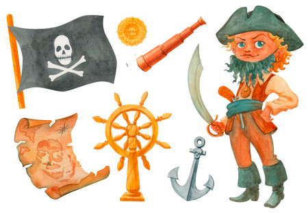 Pirate object set. Boy, flag, treasure chest, spyglass, weapon, coin. Isolated watercolor clipartの写真素材