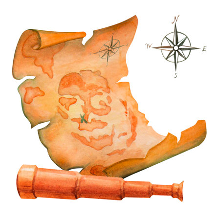 Pirate set. spyglass and treasure map. Isolated watercolor illustration.の写真素材