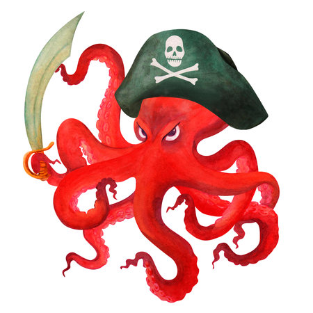 Red angry cartoon octopus in a pirate hat, with saber. Isolated watercolor illustration. clipartの写真素材