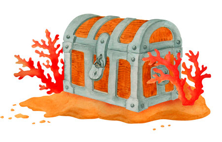A closed treasure chest stands on the ocean floor between red corals. Isolated watercolor illustration for design of cards, posters, t-shirt printing for a pirate party or talk like a pirate dayの写真素材