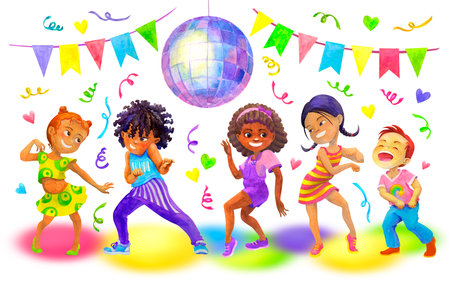 Happy multicultural boys and girls dancing, having fun in kids party. Celebrating concept. Isolated watercolor illustration for children dancing party design, cards, invitations, posters, t-shirt.の写真素材