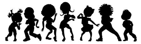 Set of boys and girls shadows dancing and having fun together. Kids party concept. Isolated black and white illustration for children dancing party design, cards, invitations, posters, t-shirtの写真素材