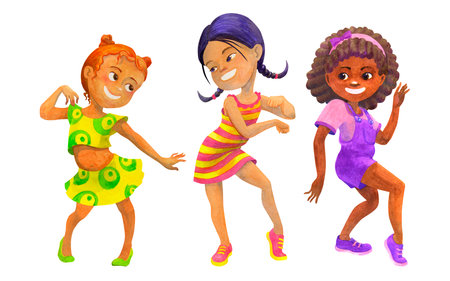 Group of happy multicultural dancing school age girls. Friends dancing, having fun together. Dancing party concept. Isolated watercolor illustration for children dancing party design, cards, invitations, posters, t-shirtの写真素材