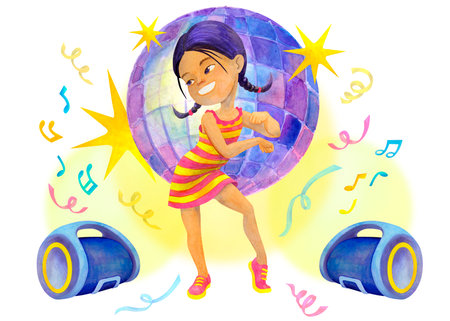 Asian school-age girl dancing happily against the background of a disco ball between portable speakers. Clipart. Isolated watercolor illustration for design of cards, posters, t-shirt printing.の写真素材