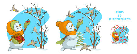 Find 10 differences. Cute snowman girl feeds birds in the winter forest. Educational game for preschool workbooks, printable and design.のイラスト素材