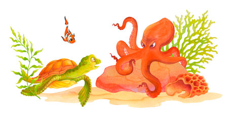 Cartoon underwater life scene. Young sea turtle swimming in a coral reefs waters meets a large octopus. Hand drawn watercolor illustration with coral, seaweed, clown fish for card, banner, souvenirsの写真素材