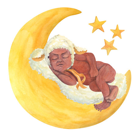African American baby wearing cap with lamb's ears sleeping on the moon. Isolated watercolor illustration of sweet naked black infant for baby shower invitations, cards, posters, kid prints and designの写真素材