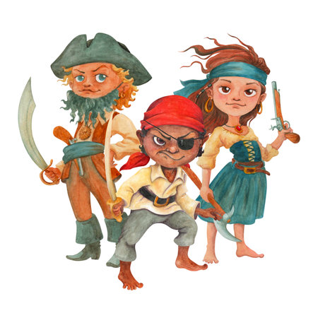 Young pirates. Hand drawn buccaneer characters. Isolated watercolor composition of boys and girl in pirate costumes for cards or posters design, t-shirt prints, pirate party or pirate day decorationの写真素材