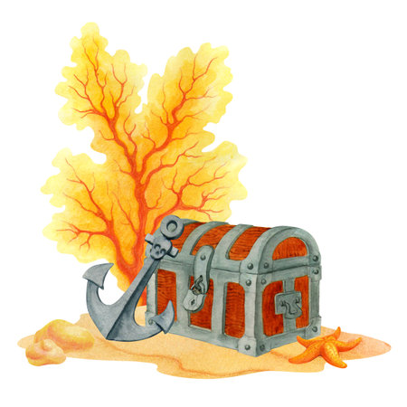 Old pirate treasure chest and anchor sunken at the bottom of the ocean. Isolated watercolor composition for travel banner background. Underwater life hand drawn Illustration for souvenirs or printsの写真素材