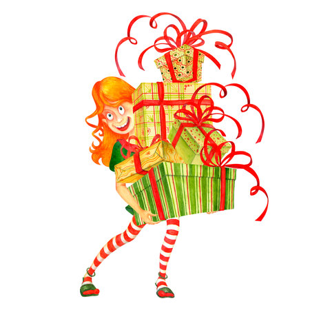 A comical teen girl carries a bunch of gift boxes with ribbons and bows. Holiday sale or giving concept. Isolated cool watercolor character for a Boxing day advertising printing and holiday souvenirsの写真素材