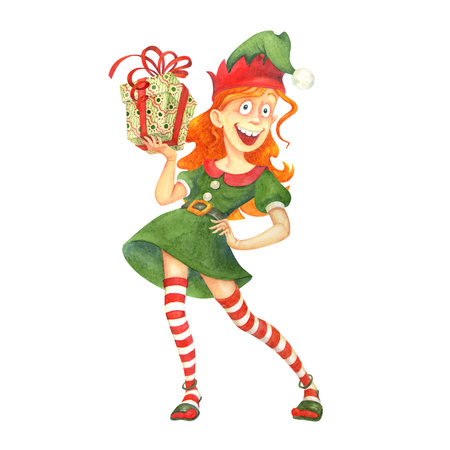Cool cartoon teenage girl in an elf costume with a gift in her hand. Hand drawn watercolor character for a Christmas or New Year card, banner or mascot for a boxing day saleの写真素材