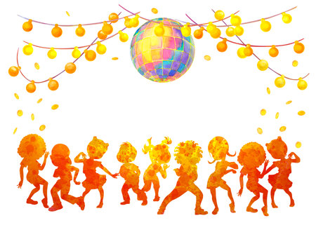 Border or frame with silhouettes of school age multicultural children dancing in kids party. Celebrating concept. Isolated illustration for children dancing party design, cards, invitations, postersの写真素材