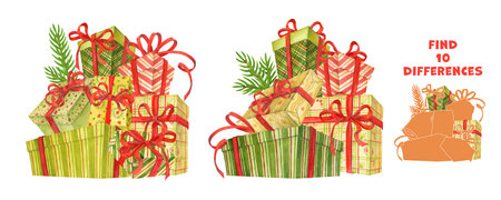 Find the differences. Educational game for children with pile of gift boxes wrapped in colorful paper with red ribbons and fir branches on background. Puzzle Hidden Items. Festive cartoon illustrationの写真素材