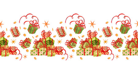 Repetitive piles of gift boxes and flying between stars and confetti presents with red ribbons in endless seamless border for festive packing tape decoration, cards, banners or wrapping paper designの写真素材