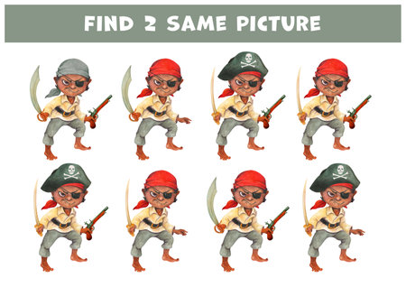 Find two same pictures of dark-skinned barefoot pre-teen pirate. Educational game for children with watercolor cartoon character in pirate clothing with saber. Leisure game for party or recreation.の写真素材