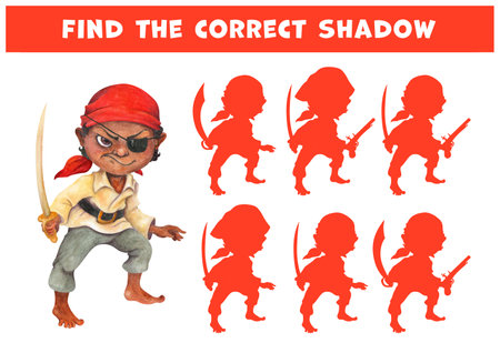Pirate boy. Watercolor dark-skinned, barefoot pre-teen cartoon character in pirate clothing with saber. Find the shadow. Educational matching game for kids at pirate party or speak like a pirate day.の写真素材