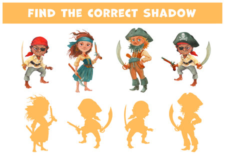 Find the correct shadow of cool pirate children. Educational matching game with watercolor hand drawn pre-teen cartoon characters in pirate clothing for pirate party or speak like a pirate day.の写真素材