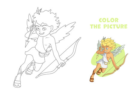 Coloring page of laughing cartoon Cupid character. Blond naughty boy draws the string of his bow. Hand drawn picture for coloring with color sample for school readiness or leisure.の写真素材