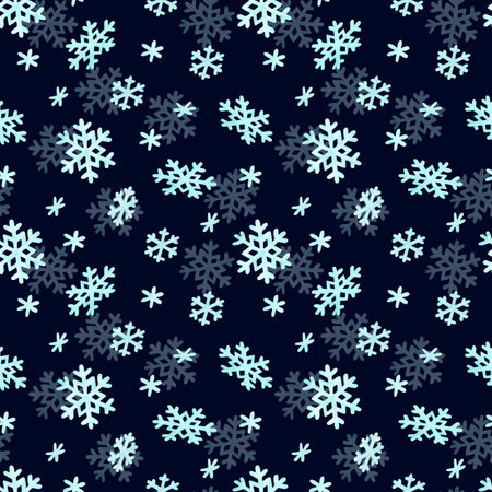 Seamless pattern with freely flying and falling snowflakes in dark blue background. Decorative festive ornament in cartoon stile for wrapping paper, wallpaper, covers and winter textileの写真素材